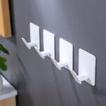 DELITON Adhesive Towel Hooks/Bathroom Wall Hooks – White Heavy Duty Self Adhesive Hooks Stick on Hanging Robes Coats Clothes for Bedroom Kitchen Door, Stainless Steel 4 Pack