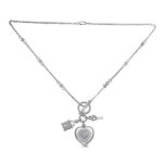 Jewelili Heart Shape Necklace Pendant with Natural White Round Diamonds, Lock and Key Charms 18 inch Cable Chain
