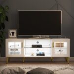 LVSOMT Modern TV Stand White with 3 Color LED Lights, TV & Media Furniture for Living Room, Media Table with Storage, Entertainment Stand for 65 inch (Pearl White)