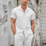 COOFANDY Men’s 2 Piece Linen Sets Casual Button Down Shirts Pants Casual Beach Summer Yoga Outfits White Medium