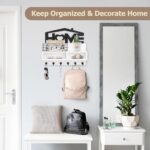 VIS’V Key Holder Wall Mount, White Wooden Key Mail Holder Wall Decorative Key Rack Organizer with Shelf Mail Storage Basket with 6 Key Hooks 2 Compartments for Entryway Doorway Hallway