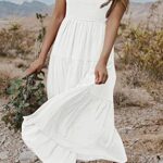 MEROKEETY Women’s 2024 Summer Smocked V Neck Tiered Swing Long Midi Dress with Pockets, White, L