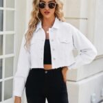 LONGYIDA Denim Jackets for Women Button Down Distressed Cropped Jean Jacket Long Sleeve Frayed Ripped White Jean Coat(White,S)