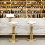 FUNROLUX Counter Height Bar Stools with Back, Modern Adjustable Height Barstools Swivel Bar Chairs with Polished Gold Stainless Steel Legs and Comfortable Cushion for Kitchen Island Counter (White)