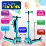 Hurtle Kids Scooter – Child Toddler Kick Scooter Toy with Foldable Seat – 3 Wheel Scooter with Adjustable Height, Anti-Slip Deck, Flashing Wheel Lights, for Boys/Girls 1-12 Year Old, Teal