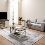 AMERLIFE 4-Piece Farmhouse Table Set Includes Sliding Barn Door TV Stand, Coffee Table& Two End Tables, Side Table with Charging Station and USB Ports, for Living Room, Bedroom, Distressed White, 66″