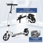 Nattork Scooter for Adults and Teens- Adjustable Height Folding Kick Scooter with Large Sturdy Wheels for a Smooth Ride, Lightweight, Commuter Adult Scooters with Hand Brake,Shock Absorption-White