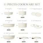 CAROTE Pots and Pans Set Non Stick, Cookware Sets, 11pcs Kitchen Set, Oven/Fridge Safe, Space Saving Pots Set, Nonstick Set with Versatile Removable/Detachable Handle, Induction RV Set, Cream White