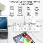 18 Outlets Surge Protector Power Strip – 6 Feet Flat Plug Heavy Duty Extension Cord with 18 Widely Outlets and 4 USB Ports, 2100 Joules, White, ETL Listed