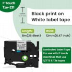 Label Maker Tape Tze Tz Tape 12mm 0.47 Laminated White TZe-231 Replace for Brother P Touch Label Maker Tape TZ-231 AZe-231 Compatible with Brother Label Maker Refills PT-D210 PTH110 PTD220 PTD410, 6PK