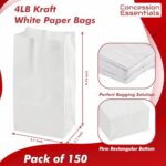 Concession Essentials 4lb White Paper Bags – Pack of 150ct. White Paper Lunch Bags. Great for Holiday Cookie Bags and Arts and Crafts., (CEwhite4lbPaperBag-150CT)