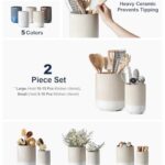 LE TAUCI Utensil Holder, 7.3″+5.4″ Ceramic Kitchen Utensil Holder for Countertop, Large Cooking Utensil Crocks Gift for Mom, Boho Farmhouse Kitchen Decor, Set of 2, Reactive Glaze Arctic White