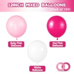 Pink White Balloons 100pcs 12 inch Hot Pink Pastel Pink White Balloons with 2 Ribbon for Valentine’s Day Girl’s Woman’s Birthday Bridal Shower Wedding Bachelorette Party Decorations