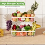 2 Tier Fruit Basket for Kitchen with 2 Banana Hangers, Detachable Wire Basket Organizer with Wooden Handle for Kitchen Counter, Large Capacity Storage Stand for Bread Snack Fruit Veggies (White)