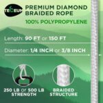 TECEUM Rope – 90 Feet x 3/8 Inch (10mm) – White – Strong All-Purpose Utility Rope – Camping, Crafting, Flag Pole, Indoor & Outdoor – Polypropylene Nylon Poly Lightweight Diamond Braided Cord