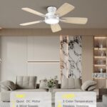 TALOYA Ceiling Fans with Lights and Remote, 46 Inch Low Profile Ceiling Fan with Light, Flush Mount, Reversible, 3CCT, Dimmable White Modern Ceiling Fan for Bedroom, Living Room, Outdoor Patio