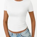 Trendy Queen Womens Short Sleeve Shirts Crewneck Ribbed Knit Slim Fitted T-Shirt Summer Basic Tee 2025 Tops White L