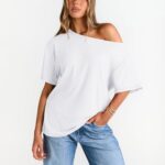Trendy Queen Womens Off The Shoulder Tops Oversized T-Shirts Short Sleeve Tees Summer 2025 Casual Spring Fashion Clothes White L