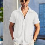COOFANDY Mens Casual Shirts Short Sleeve Button Down Shirts Fashion Casual Linen Shirts for Men A-White