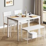 soges 4 Person Dining Table Set,43.3 inch Kitchen Table Set for 4,2 Chairs with Backrest,2-Person Bench with Storage, White Rack,Nesting Furniture Set for Dining Room and Restaurant, White