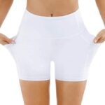 THE GYM PEOPLE High Waist Yoga Shorts for Women Tummy Control Fitness Athletic Workout Running Shorts with Deep Pockets (Small, White)