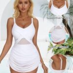 SUUKSESS Women One Piece Swim Dress Tummy Control Swimsuit Sexy Mesh High Waisted Bathing Suit Wrap Push Up Swimwear (White,L)