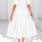 KIRUNDO Womens Summer Dresses Wedding Guest Floral Midi Sundress Short Puff Sleeve Flowy A Line Smocked Tiered Boho Dress(White, Small)