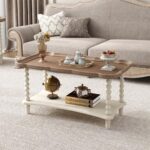 Function Home Farmhouse Coffee Table, Rustic White French Country Center Table with Storage Shelf, Wood Coffee Tables for Living Room Dining Room, Natural Tray Top and Vintage White Spindle Legs