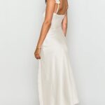 Summer Satin Lace Backless Spaghetti Strap Maxi Dress for Wedding Guest Silk Sleeveless V Neck Slit Ruffled Dress for Women White