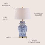 JONATHAN Y JYL3008A Ellis 29.5″ Ceramic LED Table Lamp Traditional Bedside Desk Nightstand Lamp for Bedroom Living Room Office College Bookcase LED Bulb Included, Blue/White