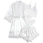 WDIRARA Women’ Silk Satin Pajamas Set 4pcs Lingerie Floral Lace Cami Sleepwear with Robe Snow White M