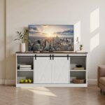 Sweetcrispy Farmhouse TV Stand 65 Inch for Living Room Bedroom White, Tall Entertainment Center with Storage Shelves, Media Console Cabinet with Wood Board, 300 LBS Capacity, and Sliding Barn Door