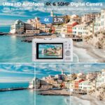 Digital Camera 4K for Photography, 50MP Vlogging Camera for YouTube Video with Flash and 3″ 180° Flip Screen, 18X Digital Zoom Compact Travel Cameras with 64GB TF Card for Teens Beginner (White)