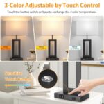 3 Color Temperatures Table Lamps for Bedrooms Set of 2, 22’’ Touch Control Bedside Nightstand Lamps with 2 USB Ports & AC Outlet, Stepless Dimmable Lamps with White Shade, Modern Decor for Living Room
