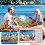 Kids Digtial Cameras,4K Vlogging Camera for YouTube,64MP MP3 Player Cameras for Kids,2.8″ IPS Screen,Auto Focus,18X Zoom,10 Filters,Portable Cheap Photography Camera for Students-White