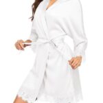 Ekouaer Satin Robes for Women Short Silky Kimono Bathrobes with Pockets Sexy Bridesmaid Wedding Robe Sleepwear White L