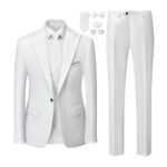 MOGU Mens 3 Piece Suit Slim Fit Tuxedo for Homecoming Wedding Prom Blazer Jacket Vest Pants with Tie Set Size S White