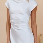 Gmeitoey 2025 Satin Cap Sleeve Cowl Back Summer Dresses for Women Elegant Ruched Waist Wedding Guest Midi Dress White