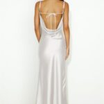 Summer Satin Spaghetti Strap Cowl Neck Backless Midi Dresses for Women Elegant Tie Low Back Ruched Cocktail Dress White