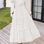 MEROKEETY Women’s Fall Long Sleeve Floral Maxi Dress Lace Eyelet Hollow Out Tiered Boho Wedding Guset Dresses Pockets, White, Small