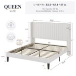 Allewie Queen Size Velvet Bed Frame/Vertical Channel Tufted Wingback Headboard/Upholstered Platform Bed/Strong Wooden Slats/No Box Spring Needed/Easy Assembly/White