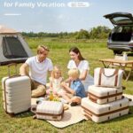 LONG VACATION 6 Piece Luggage Set Carry on Suitcase with ABS+PC hardshell, Spinner Wheels & YKK Zipper TSA Lock (WHITE-BROWN, 6 piece set)