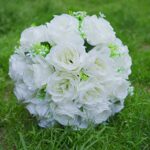 LEIFENY Wedding Bouquets for Bride, White Bridal Bridesmaid Wedding Flowers with Silk Ribbon and Rhinestones, Artificial Toss Rose for Civil Ceremony