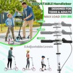 Scooter for Ages 8+ Teens and Adults Kick Scooter Foldable with Double Braking System Bells Adjustable Handlebars Kickstand Max Load 220 LBS 8″ Big Wheels (White)