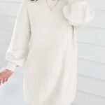 ZESICA Women’s 2025 Fall Turtleneck Sweater Dress Oversized Long Lantern Sleeve Casual Knit Pullover Mini Dresses White Medium