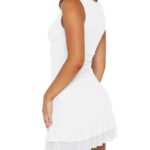 HOCILLE Women’s Sexy Bodycon Boat Neck Mini Dresses Sleeveless Ruched Ruffle Hem Club Party Short Dress, X-Large, White