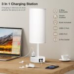 Fenmzee Matte White Bedside Table Lamp for Bedroom – 3 Way Dimmable Touch Lamp USB C Charging Ports and AC Outlet, Small Lamp Round Flaxen Fabric Shade for Living Room, Desk, LED Bulb Included