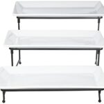 Gibson Elite Gracious Dining 3 Tier White Ceramic Rectangular Food Snack Dessert Serving Plate Rack Tray Set with Matte Metal Stand for Appetizers