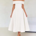 ZESICA Cocktail Dresses for Women’s Elegant Off Shoulder Short Sleeve Swing A Line Wedding Evening Party Midi Dress,White,X-Large