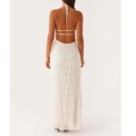 ABYOVRT Women Backless Dress Sleeveless Textured Halter Open Back Maxi Dresses Vacation Wedding Guest (White,S)